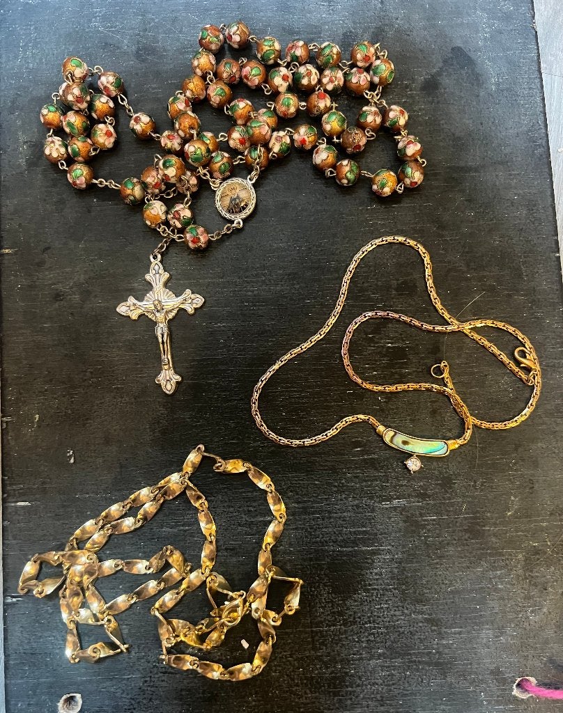 Vintage vergulde strass ketting cloisonne rozenkrans collier, Overige materialen, Verstelbaar, Ophalen of Verzenden, Zo goed als nieuw
