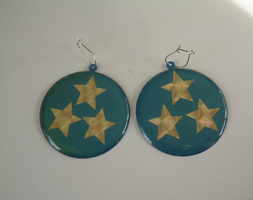 vintage ronde blauwe oorbellen met 3 sterren hangers, Sieraden, Tassen en Uiterlijk, Oorbellen, Ophalen of Verzenden, Blauw, Overige materialen