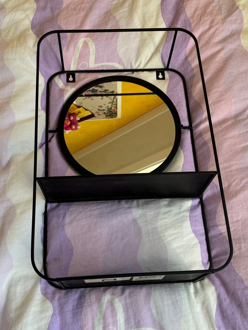 Zwart metalen spiegel met 2 plankjes, Huis en Inrichting, Woonaccessoires | Spiegels, Minder dan 50 cm, Gebruikt, Ophalen of Verzenden