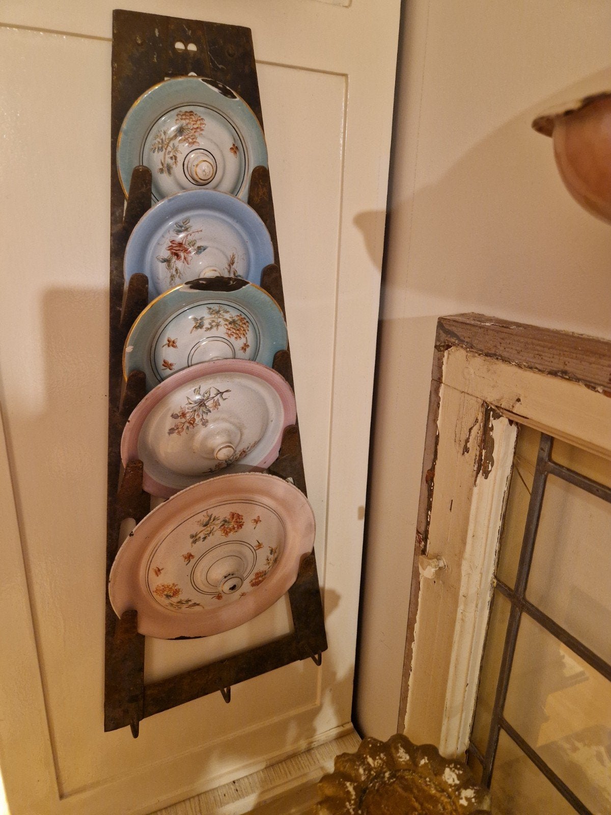 Dekselrek met emaille gebloemde deksels, Ophalen of Verzenden