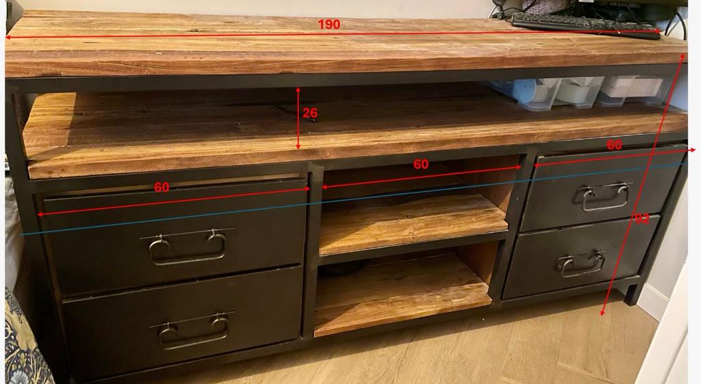 Teakhouten TV/Muziekmeubel met stalen frame en lades, Ophalen, 150 tot 200 cm, Teakhout, Zo goed als nieuw