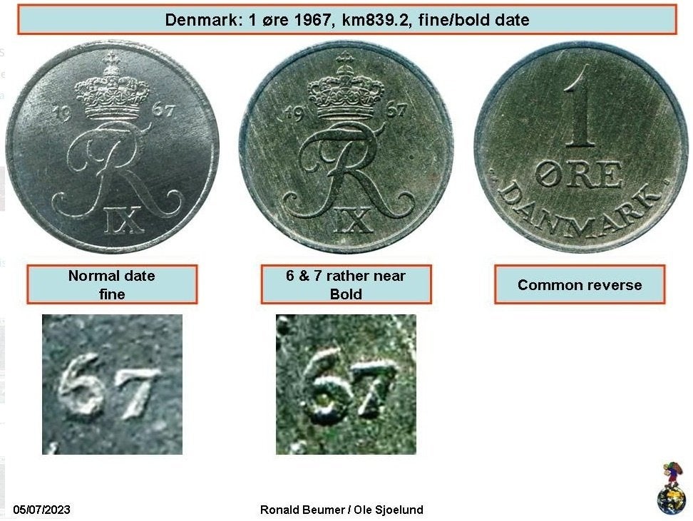 Denemarken 1 Ore 1967 - Dikkere 6 en op 7 -Muntje op Numista, Ophalen of Verzenden, Overige landen