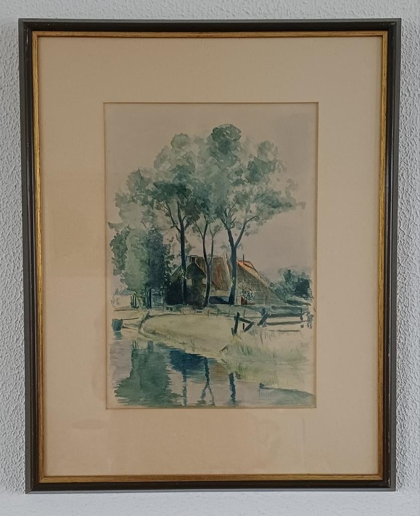 Schilderij Ivo Gorter - Landschap met boerderij en water, Antiek en Kunst, Ophalen of Verzenden