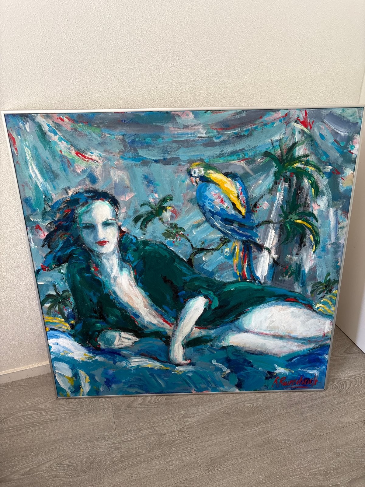 Schilderij: Vrouw met papegaai in tropische setting, Ophalen, Doek, Portret of Personen, Expressionistisch