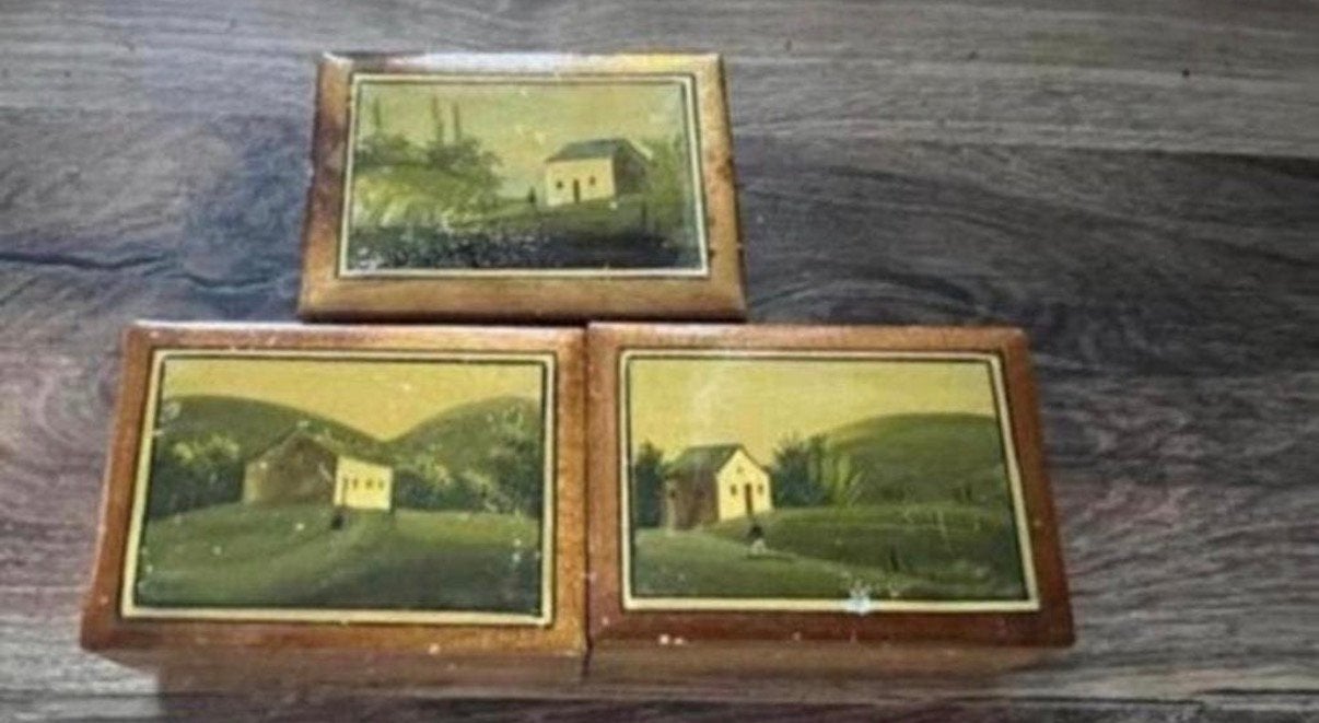 3 antieke kleine houten doosjes met schilderijtjes, Ophalen of Verzenden
