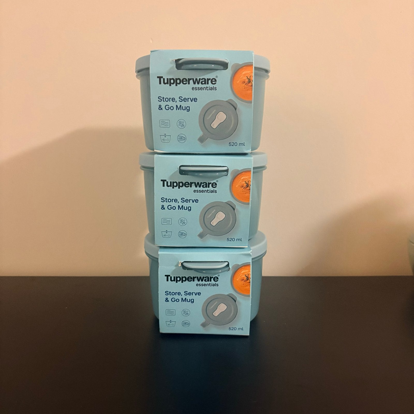 3x Tupperware Soepbeker 520ml, Blauw, Met deksel, Beker of Kan, Nieuw