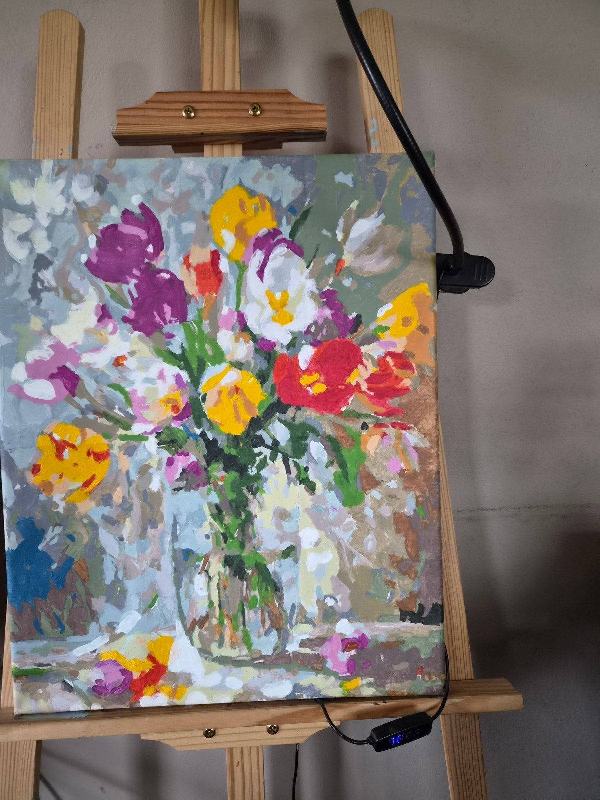Schilderij vaas met bloemen op canvas 40x50 cm, Ophalen of Verzenden, Textiel, Handgeschilderd, Bloemen