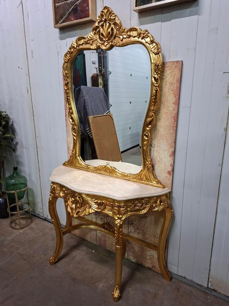 Klassieke goudkleurige sidetable met spiegel, haltafel,, Ophalen of Verzenden, 50 tot 100 cm, Minder dan 100 cm