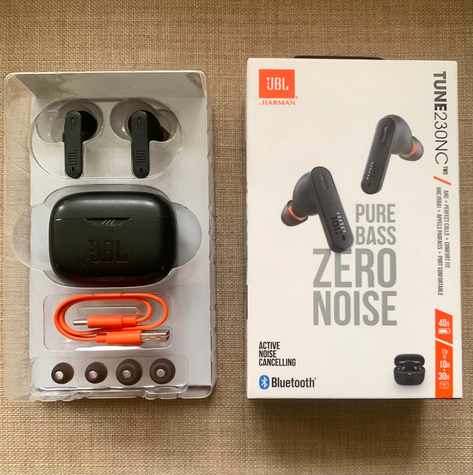 JBL tune230nc, pure bass, zero noise oortjes, 100% compleet, Zwart, In gehoorgang (in-ear), Bluetooth, Ophalen of Verzenden