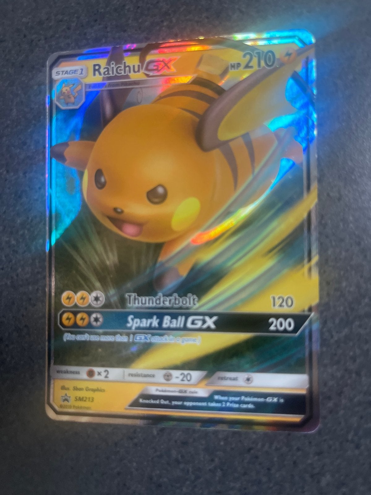 Raichu GX SM213 Promo Pokémon Kaart - Foil, Ophalen of Verzenden, Zo goed als nieuw, Losse kaart, Foil