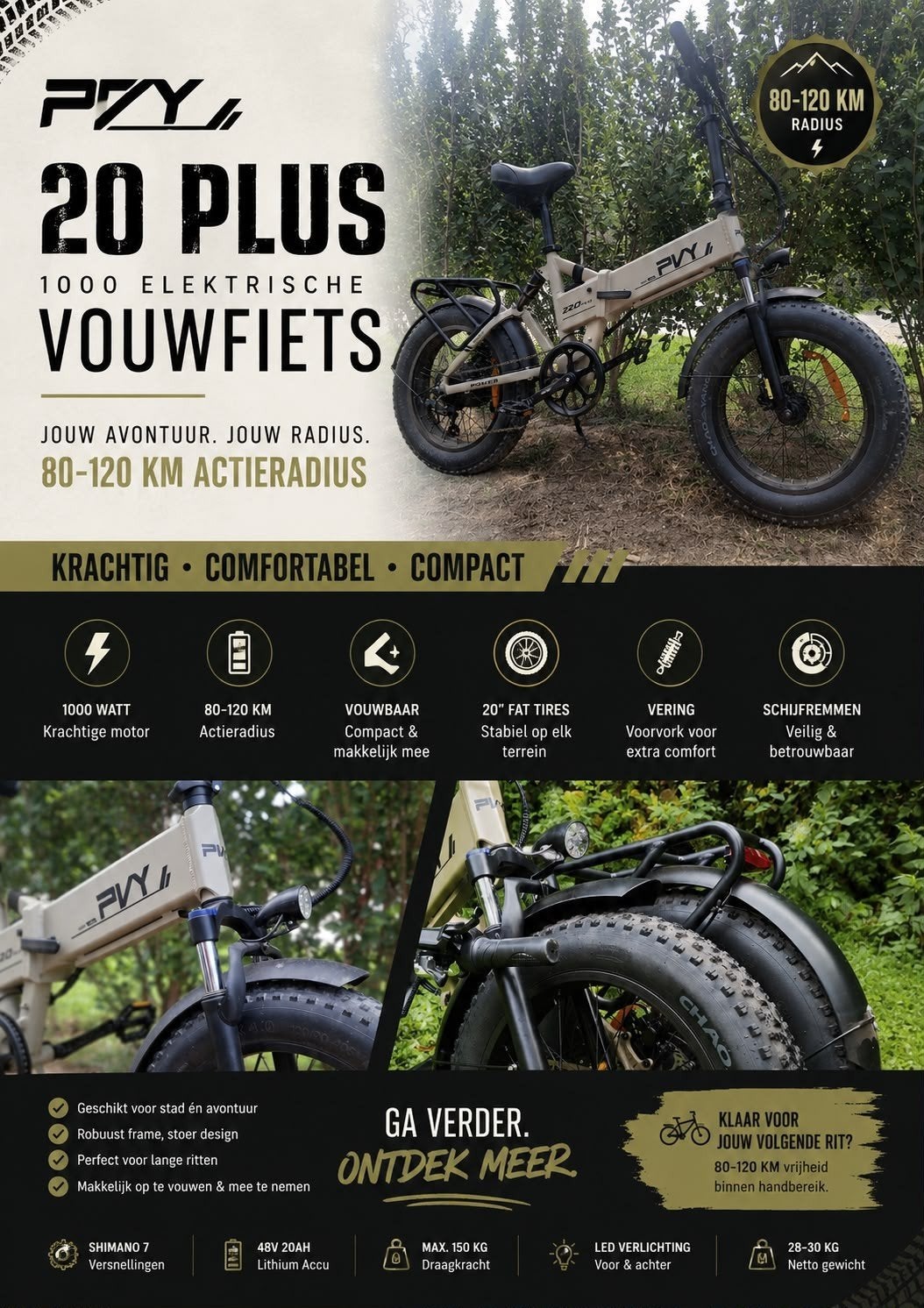 PVY 20 Plus 1000W Elektrische Vouwfiets - Fatbike, 20 inch of meer, Heren, Versnellingen, Zo goed als nieuw