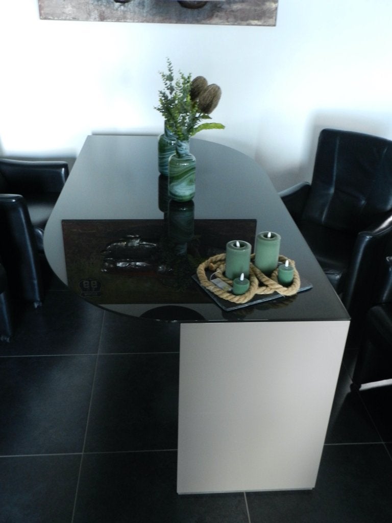 KARAT eettafel en salontafel taupe beige, Huis en Inrichting, Tafels | Eettafels, Ophalen, Gebruikt, Glas, 200 cm of meer