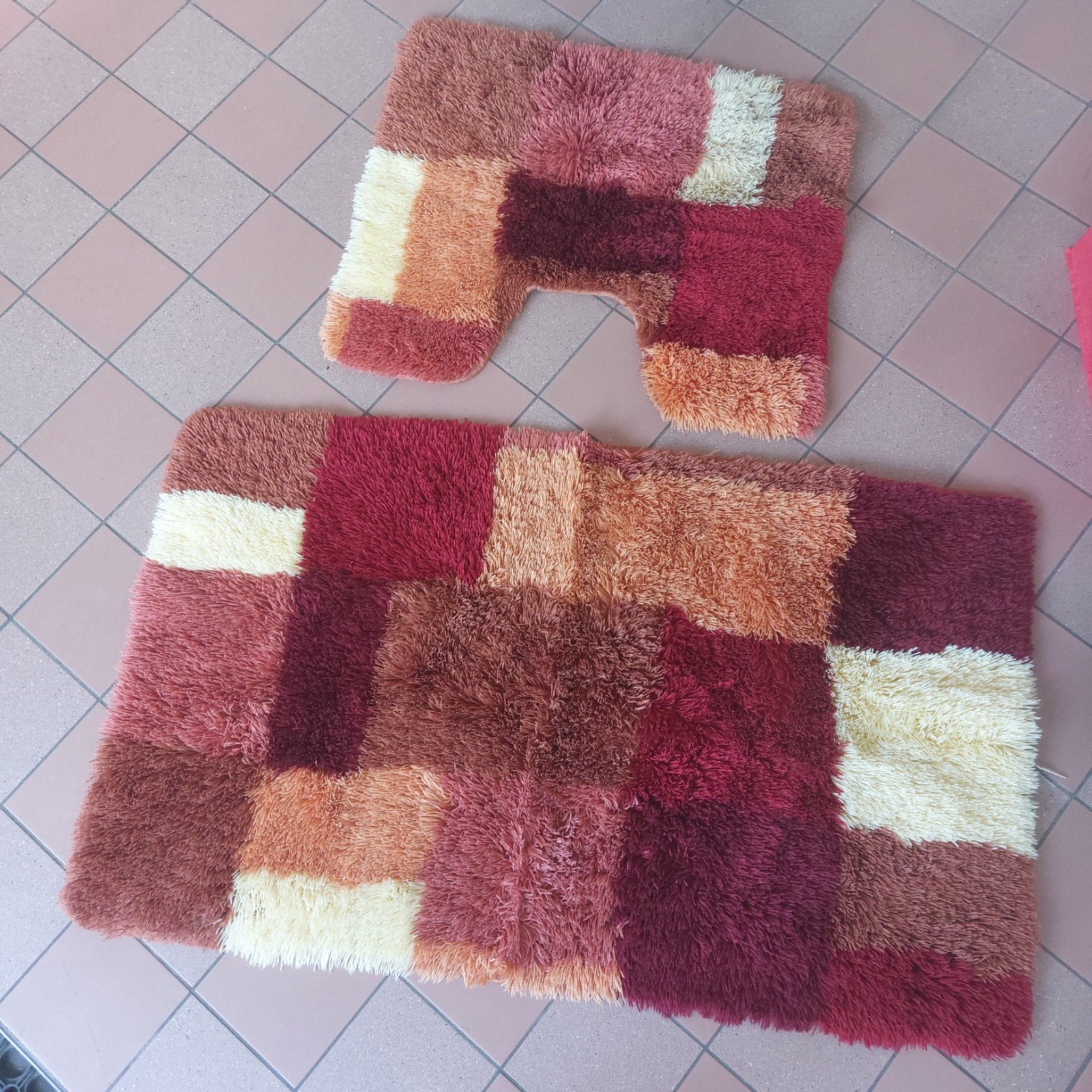 Badmatten set, patchwork design, diverse kleuren, Ophalen, Bruin, Rond
