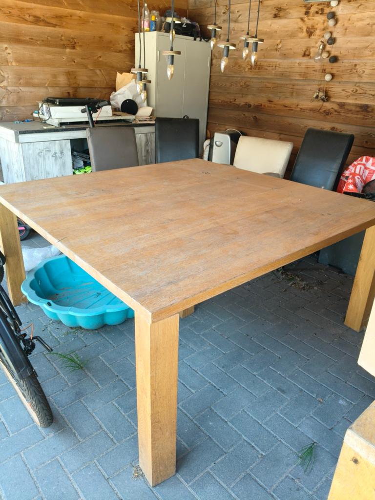 Grote vierkante houten tafel 1.60 x 1.60 m, Ophalen, Gebruikt, 150 tot 200 cm, Vierkant