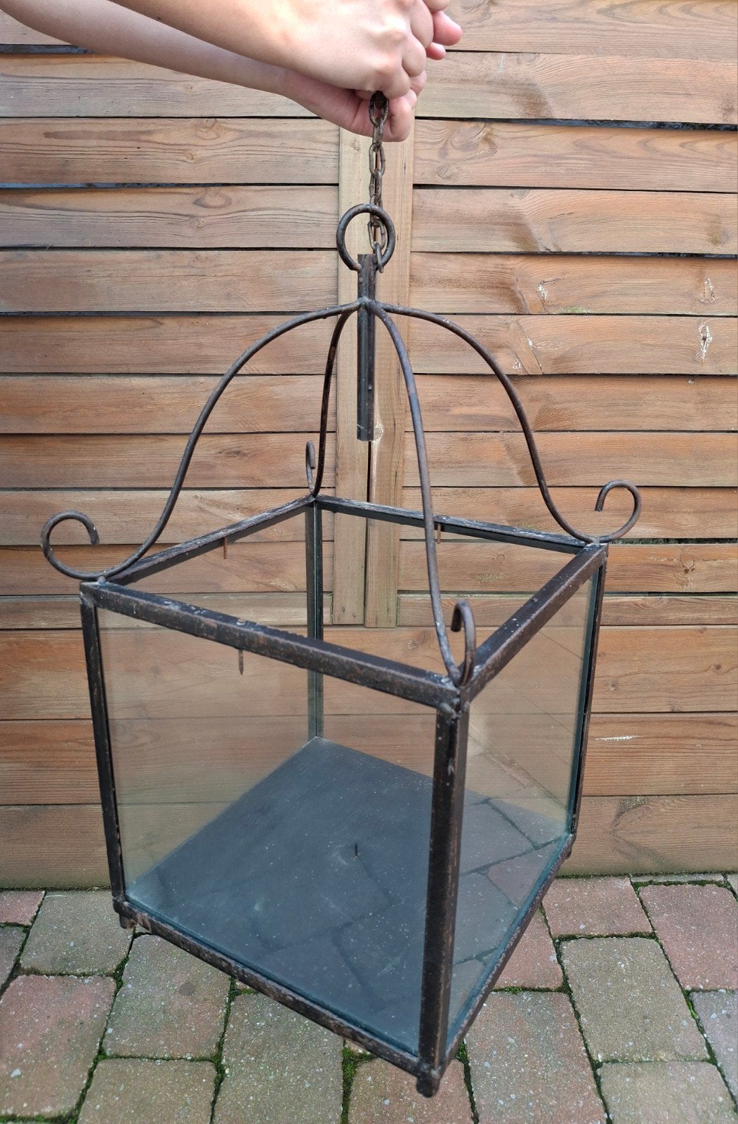 Metalen 'hanglamp' met glas decoratie KANDELAAR grote kaars, Ophalen, Overige materialen