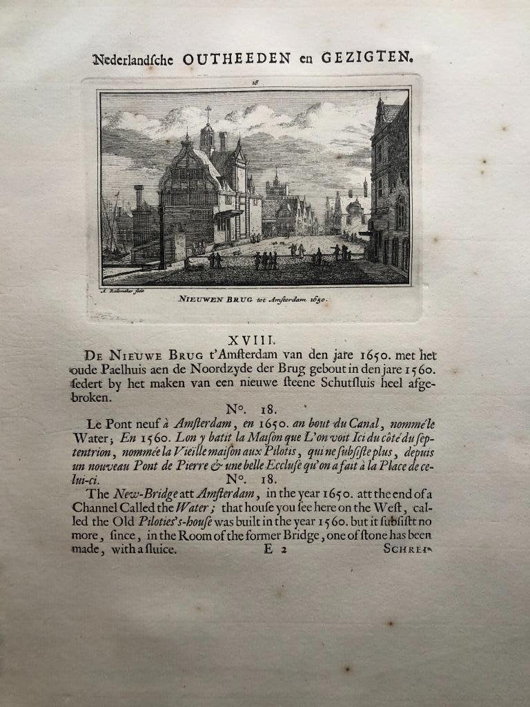 018 / Amsterdam Nieuwe brug en Paalhuis Kopergravure 1725, Antiek en Kunst, Kunst | Etsen en Gravures, Ophalen of Verzenden