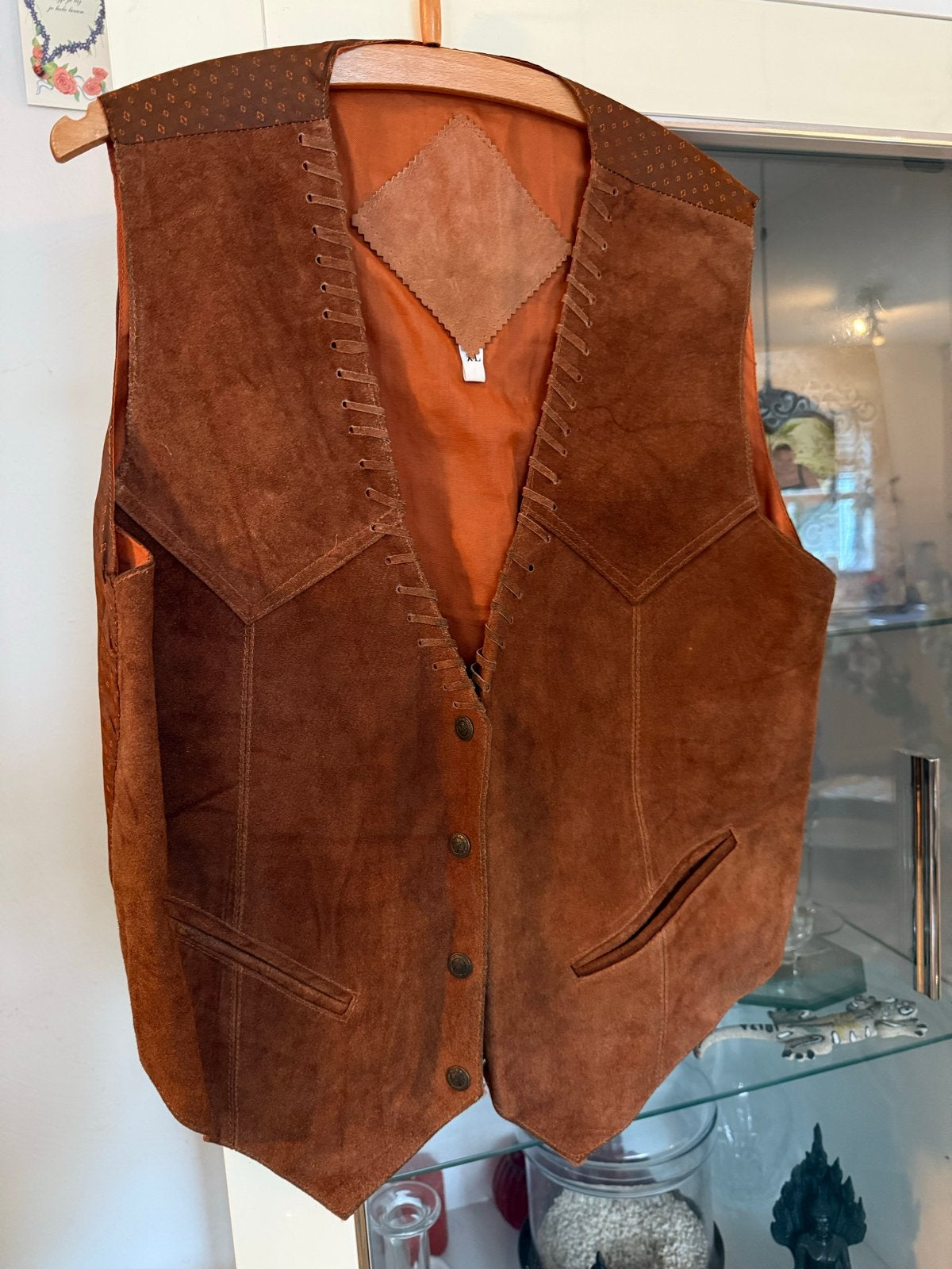 Vintage suède vest - Echt leer - Maat XL ( 40/42), Maat 38/40 (M), Bruin, Ophalen of Verzenden, Jasje