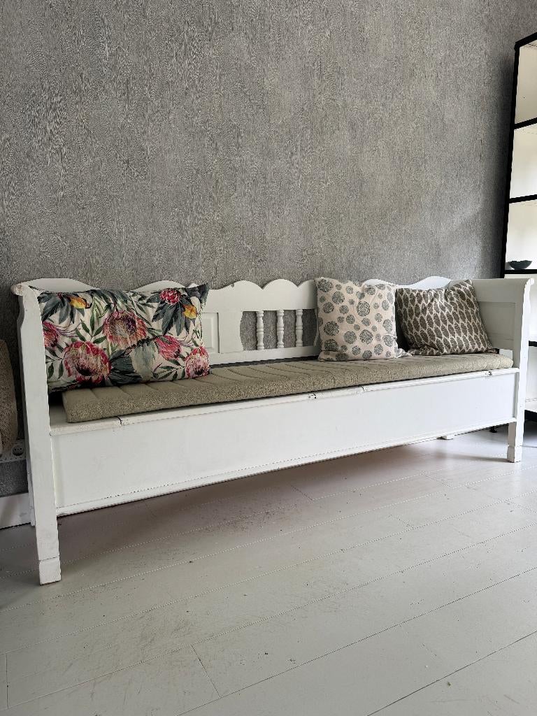 Brocante witte klepbank 220cm met opbergruimte, Antiek en Kunst, Ophalen