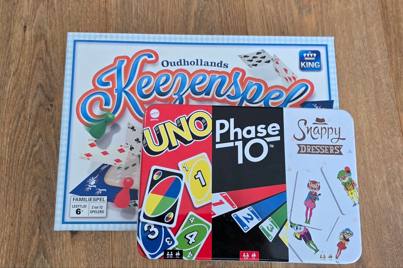Oudhollands Keezenspel + UNO, Phase 10 & Snappy Dressers, Vijf spelers of meer, Ophalen, Gebruikt, King, Mattel