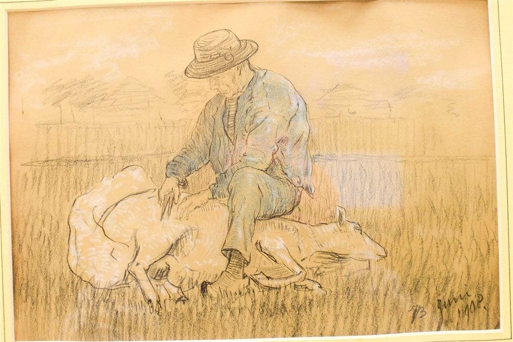 Prent/Tekening van een herder met zijn schaap 51228, Verzamelen, Ansichtkaarten | Dieren, Ophalen of Verzenden, Voor 1920, Ongelopen