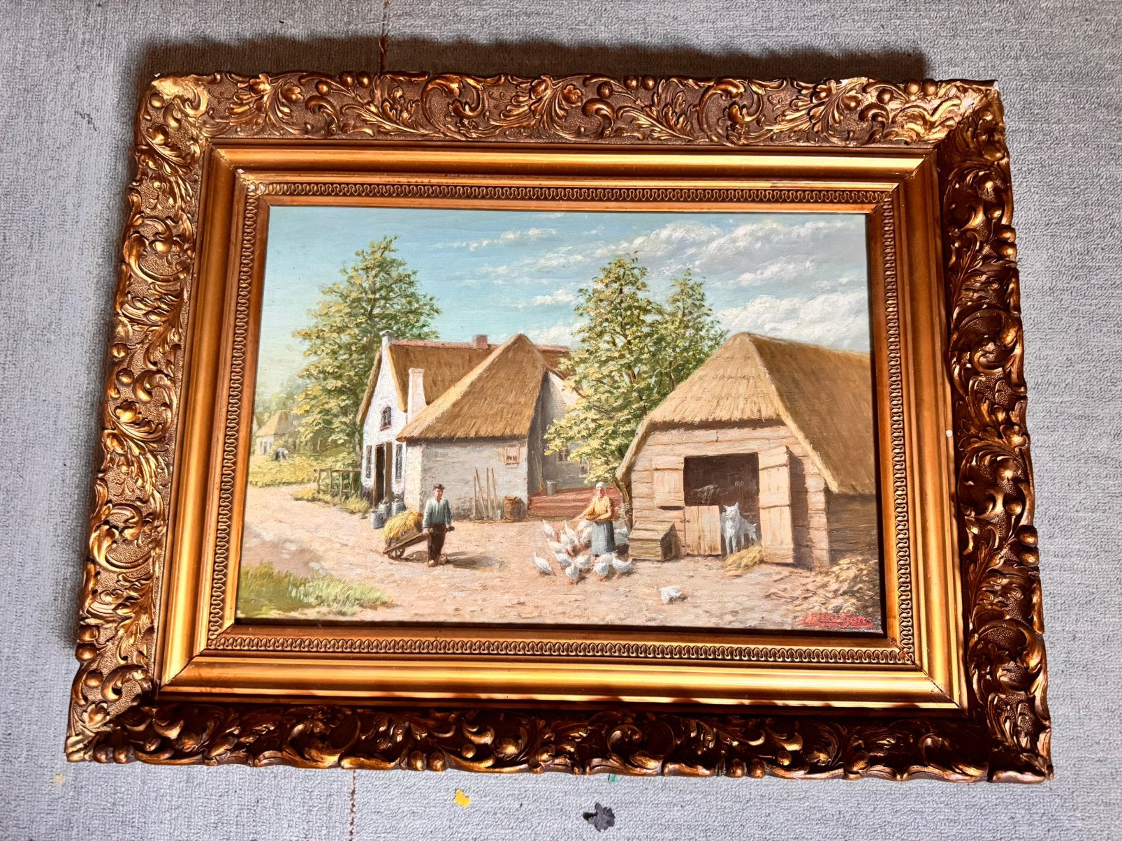 Olieverfschilderij J.P. Hutjens-Landelijk boerenerf 66x50cm, Ophalen, Doek, Origineel werk, Landschap