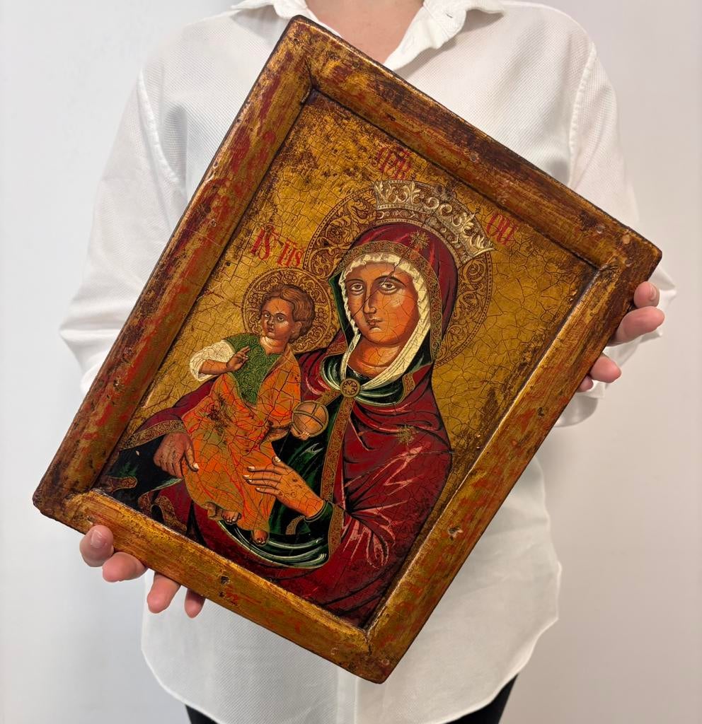 Orthodox icoon ‘Moeder Gods met Kind’ op houten paneel, Antiek en Kunst, Ophalen