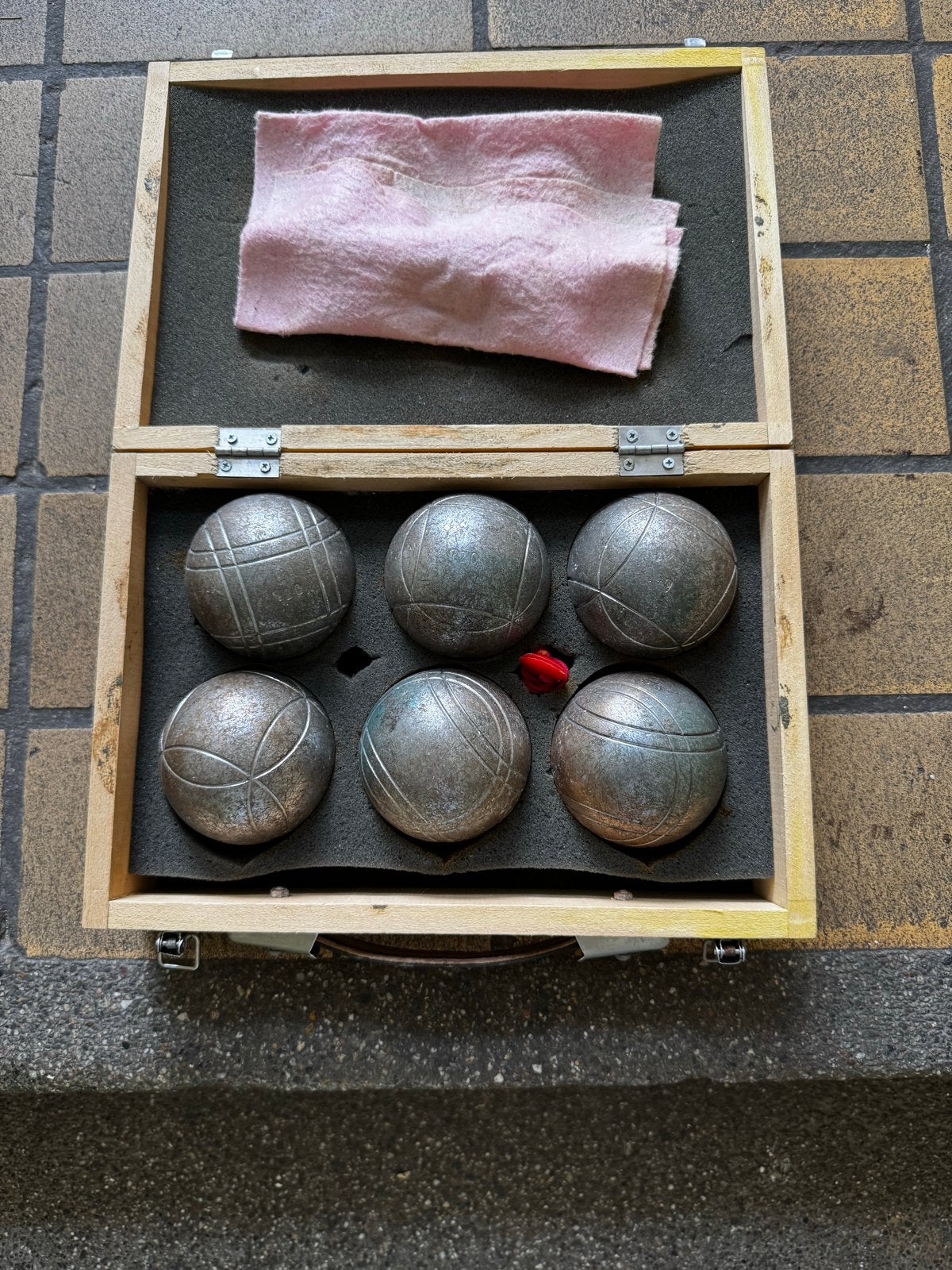 Petanque set in houten koffer - 6 ballen, Ophalen of Verzenden, Gebruikt