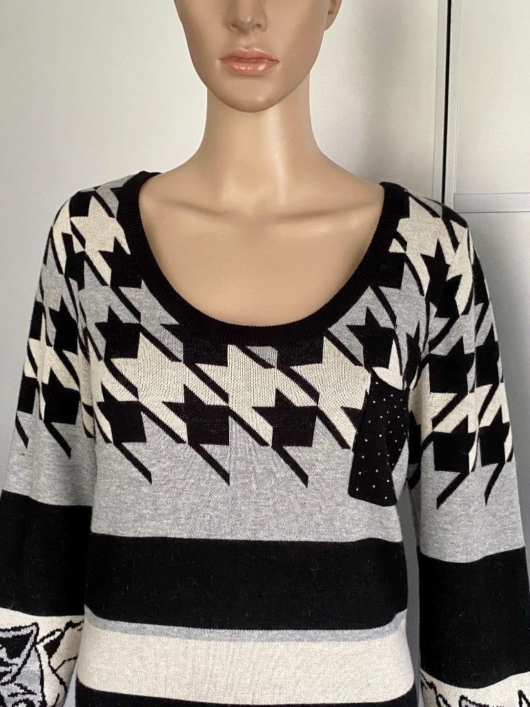 i86 Dept mt. 40=M fijn-gebreid jurkje jurk zwart/grijs/beige, Kleding | Dames, Maat 38/40 (M), Zwart, Ophalen of Verzenden, Zo goed als nieuw