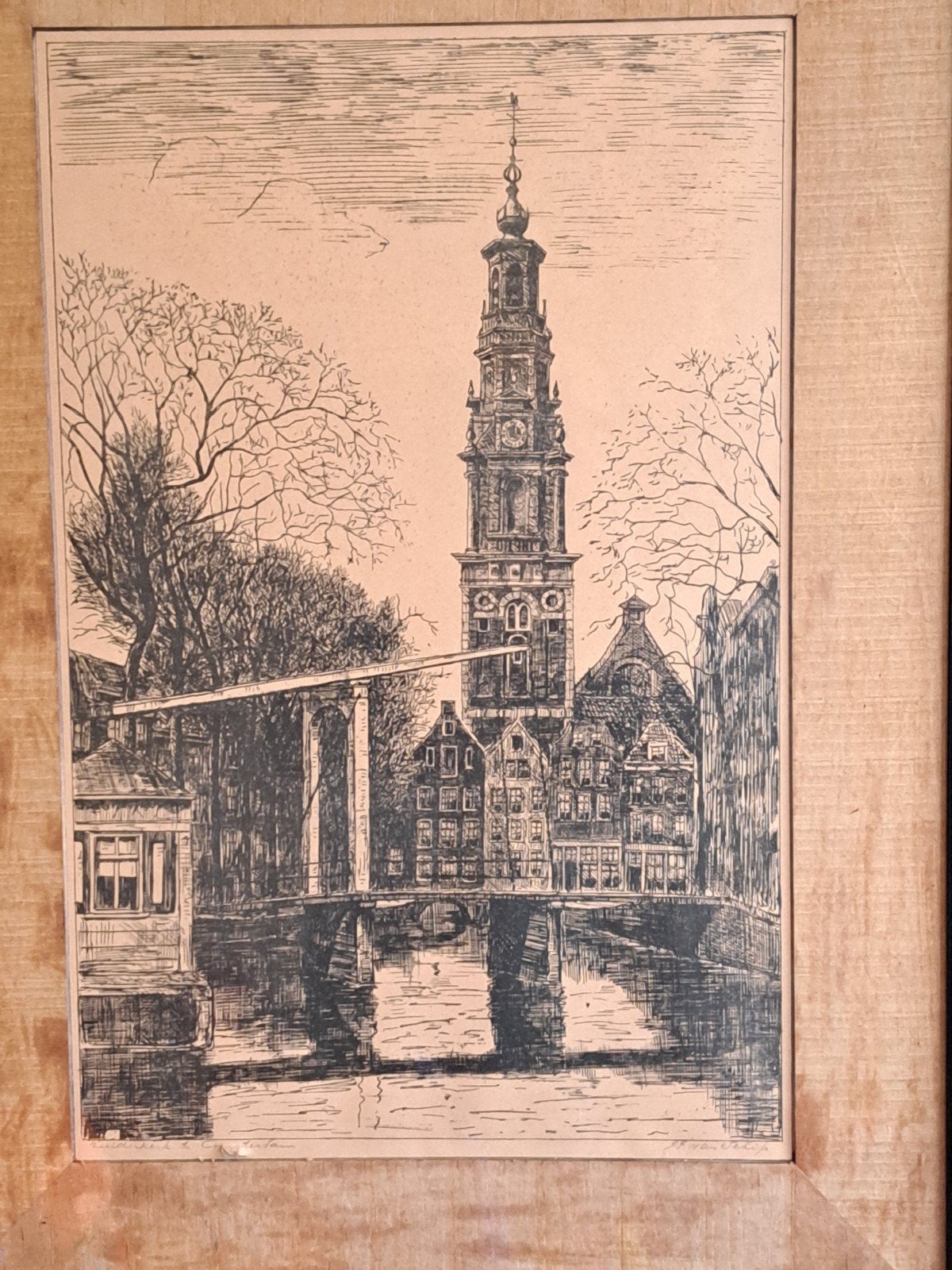 Grote ets Zuiderkerk Amsterdam door F. van Schip, ingelijst, Antiek en Kunst, Kunst | Etsen en Gravures, Ophalen