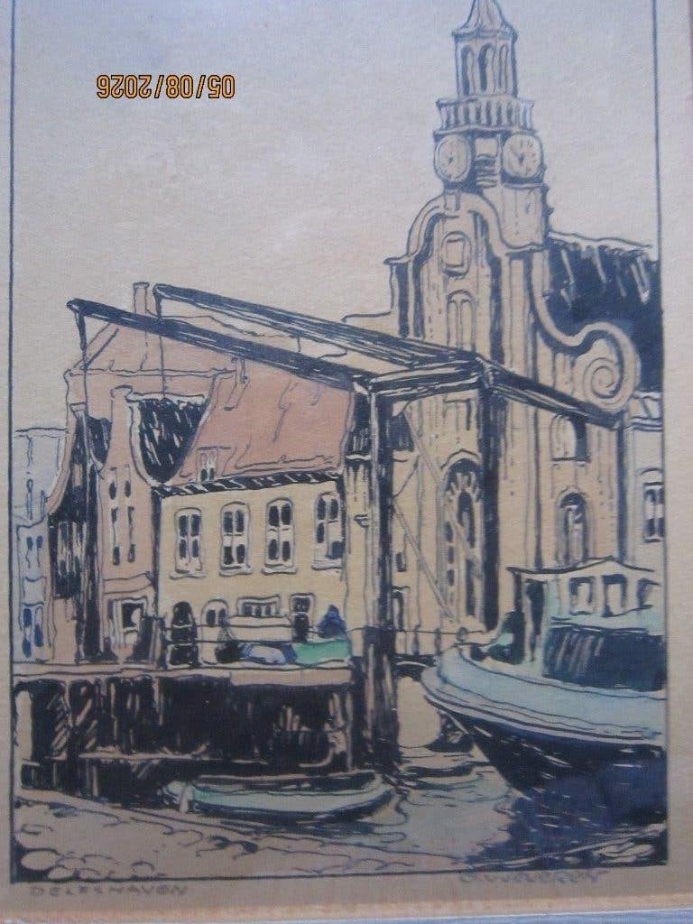 Gerrit van Jeveren, Aquarel Delfshaven, Pelgrim Fatherkerk, Antiek en Kunst, Expressionistisch, Ophalen of Verzenden, Aquarel