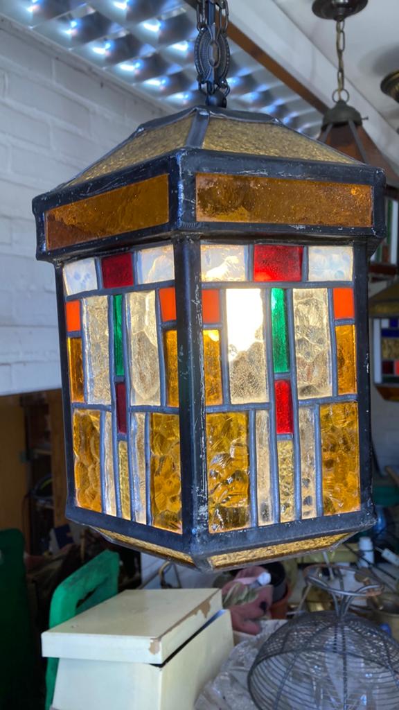 Fraai Amsterdamse school glas in lood hanglamje, Antiek en Kunst, Ophalen