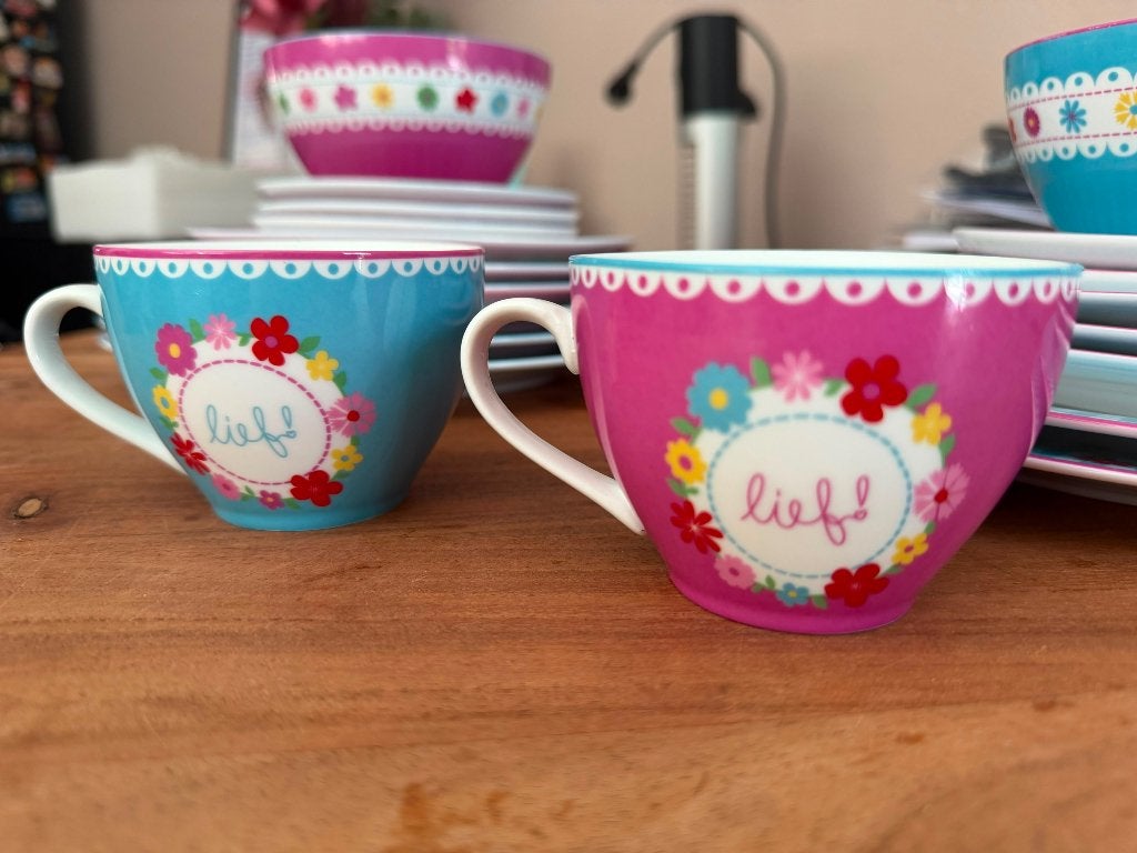 Lief! serviesset 28 delig roze en blauw, Overige merken, Ophalen of Verzenden, Zo goed als nieuw, Overige stijlen