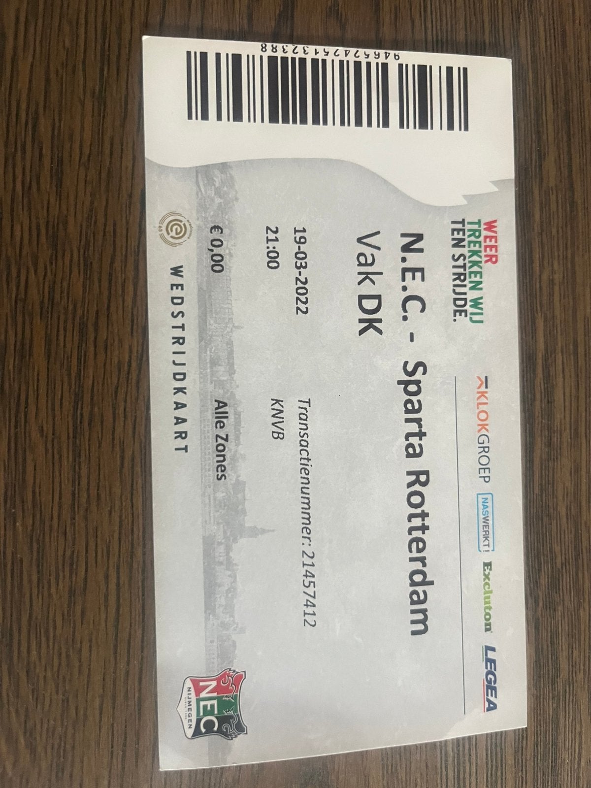 TICKET NEC-SPARTA 21-22, Ophalen of Verzenden, Zo goed als nieuw, Sparta, Overige typen