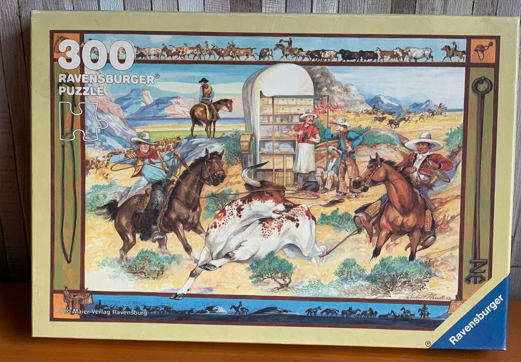 Vintage Ravensburger puzzel 300 stukken.The Cowboys (1992), Ophalen of Verzenden, Minder dan 500 stukjes, Zo goed als nieuw, Legpuzzel