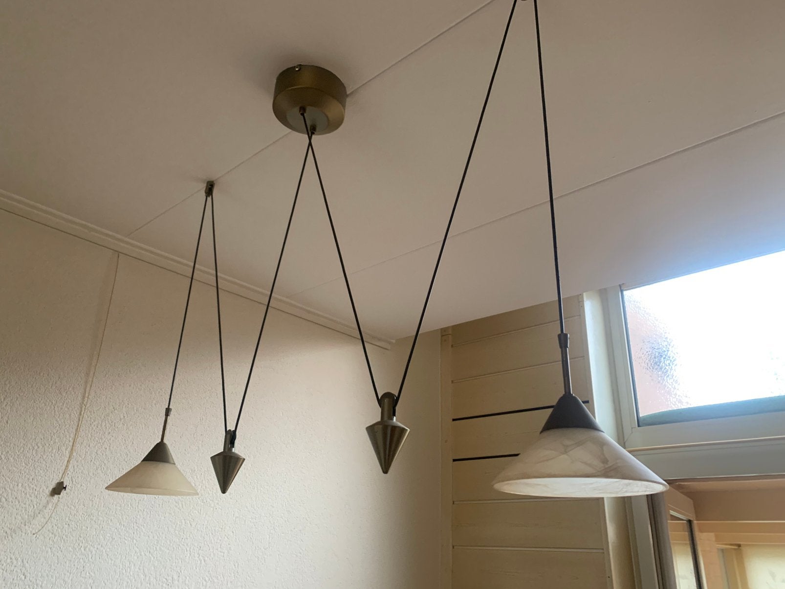 Mooie degelijke hanglamp met gewichten en versch. hoogtes, Ophalen, Zo goed als nieuw