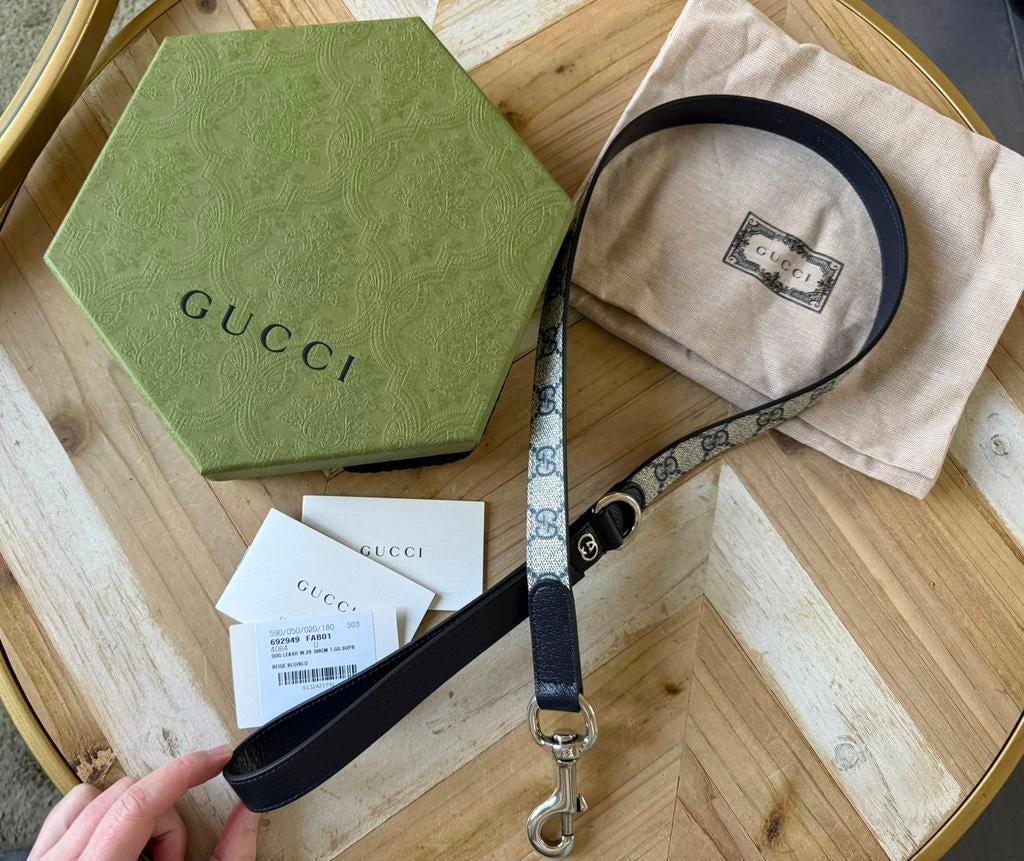 Gucci GG Supreme Hondenriem – Beige/Blauw (Nieuw), Ophalen of Verzenden, Zo goed als nieuw