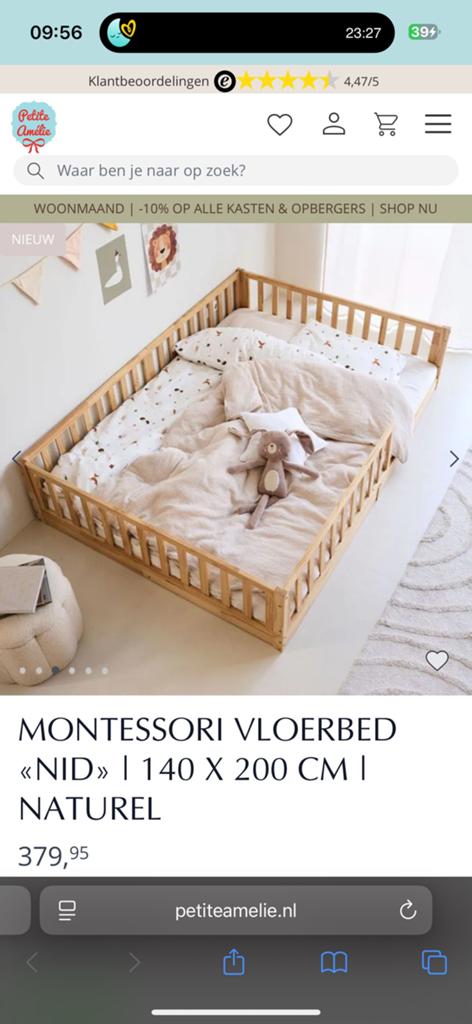 Montessori Vloerbed Petit Amelie 140 x 200 INCL MATRAS, Kinderen en Baby's, Kinderkamer | Bedden, Ophalen, 70 tot 85 cm, 140 tot 160 cm