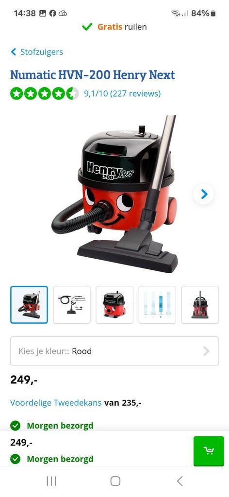 Nieuwe Numatic HVN-200 Henry Next Stofzuiger - Rood/Zwart, Ophalen, Zo goed als nieuw, Stofzak, Stofzuiger