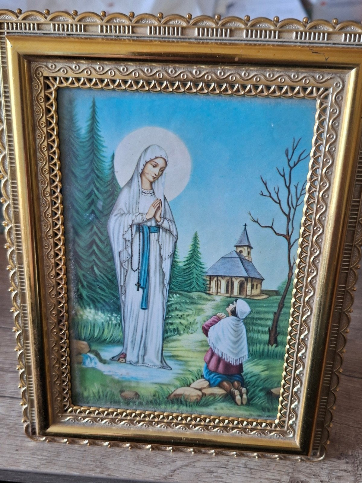 Antieke religieuze afbeelding Maria en Bernadette, Antiek en Kunst, Ophalen of Verzenden