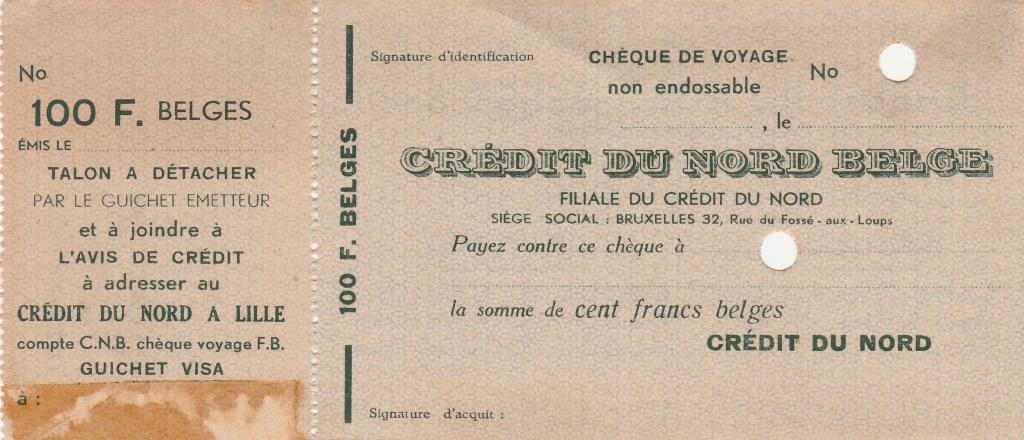 CHEQUE  DE VOYAGE 100F BELGES CREDIT DU NORD BELGE, Verzamelen, Ophalen of Verzenden, Gebruikt
