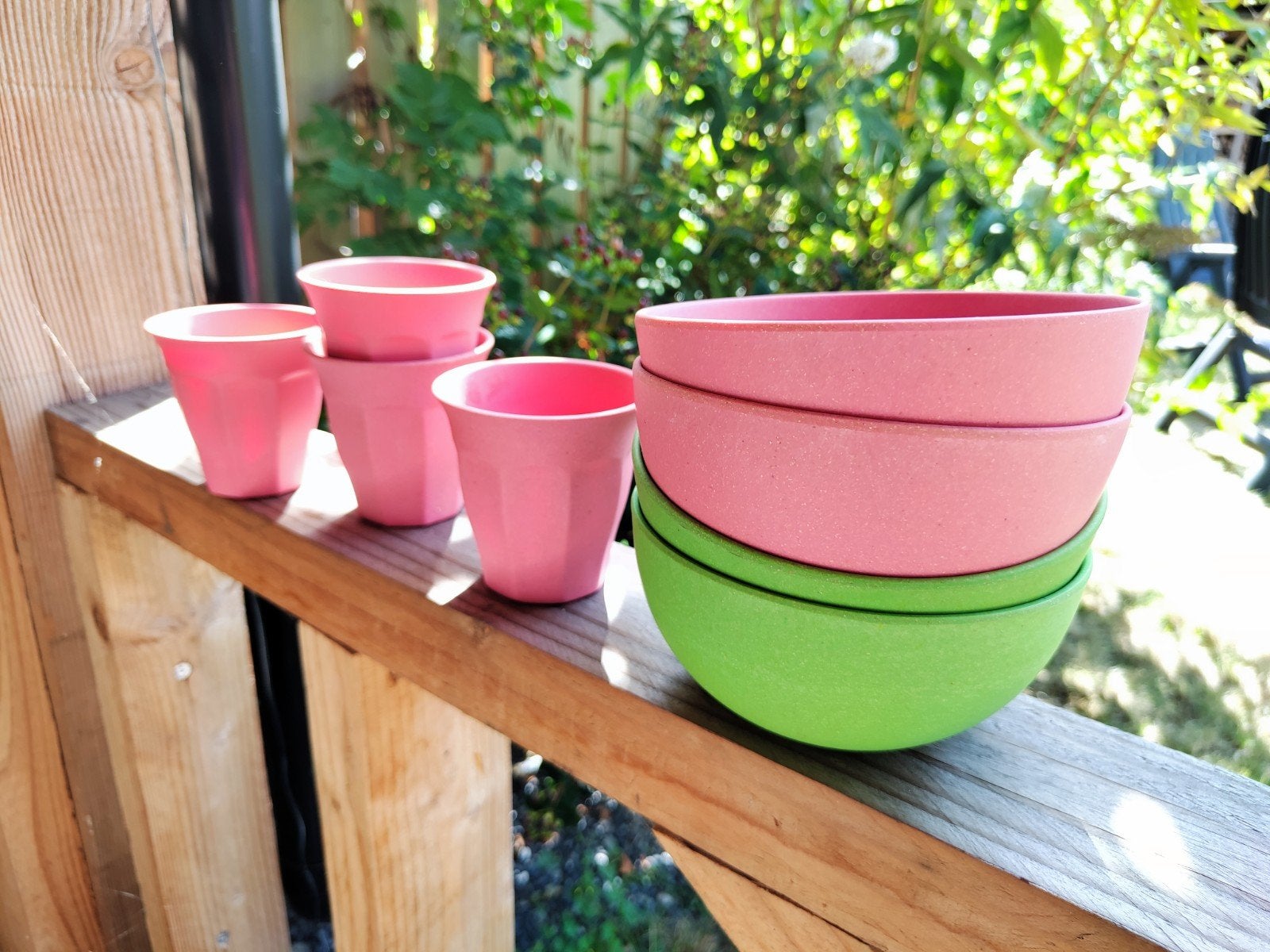 Bamboe schalen en bekers set - Roze en Groen, Overige materialen, Gebruikt, Schaal, Rond