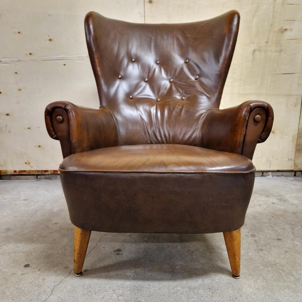 Artifort jaren 50 Theo Ruth vintage fauteuil leren fauteuil, Design artifort chesterfield vintage klassiek, Kolibrivintagehal@gmail.com