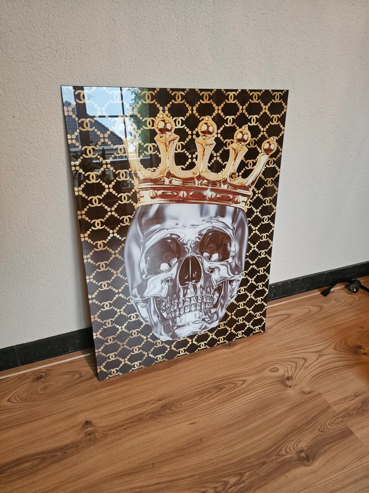 Glasschilderij Doodshoofd met Kroon Zwart Goud 60x80 cm, Ophalen