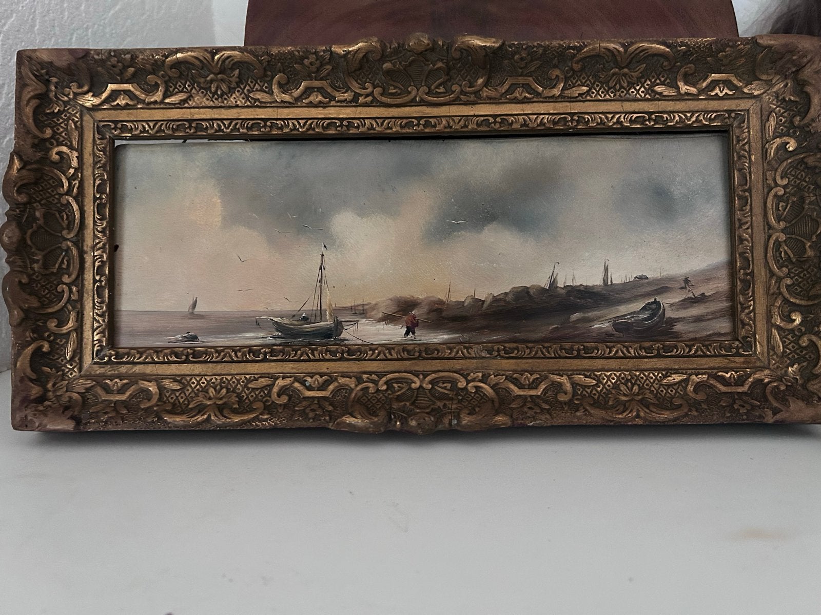 Maritiem schilderij in sierlijke lijst (14x39 cm), Antiek en Kunst, Ophalen, Realistisch, Olieverf, Ingelijst
