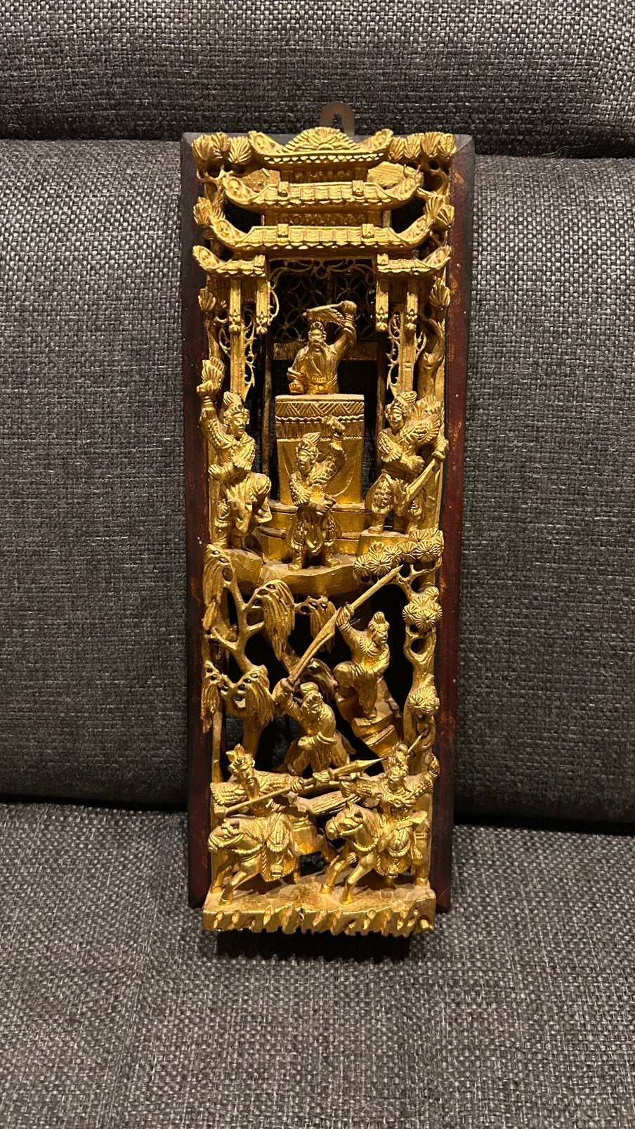 Antiek Chinees Verguld Houtsnijwerk Paneel (5 cm diep! Qing), Houtsnijwerk, Handgemaakt, Ophalen of Verzenden, 20 - 50 cm