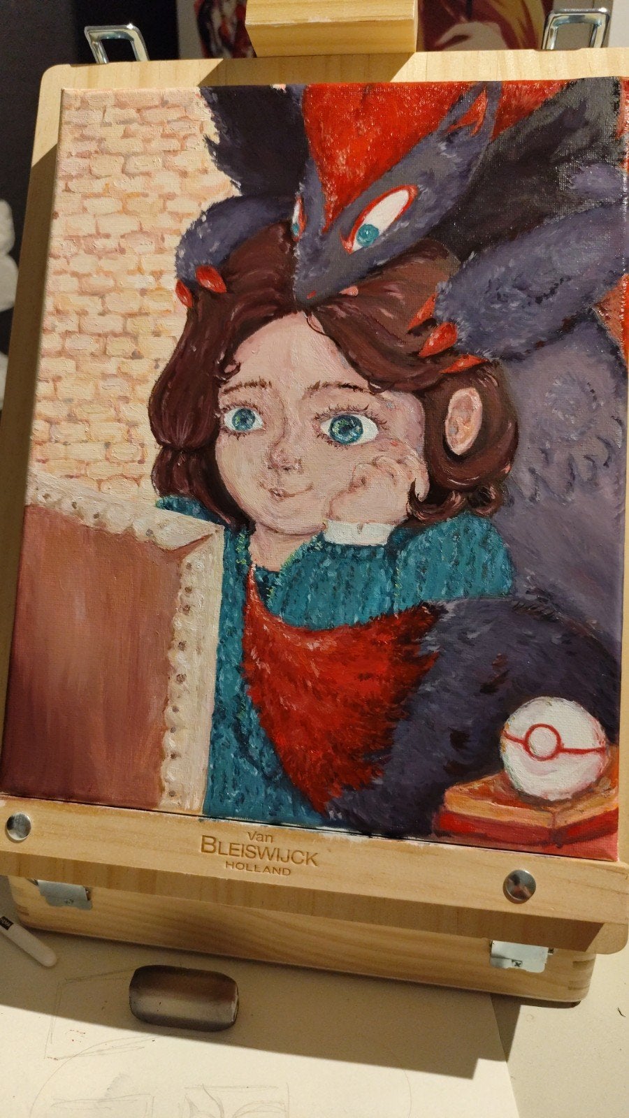 Olieverfschilderij: Meisje met Pokémon-figuur, februari, Doek, Portret of Personen, Realistisch, Ophalen of Verzenden