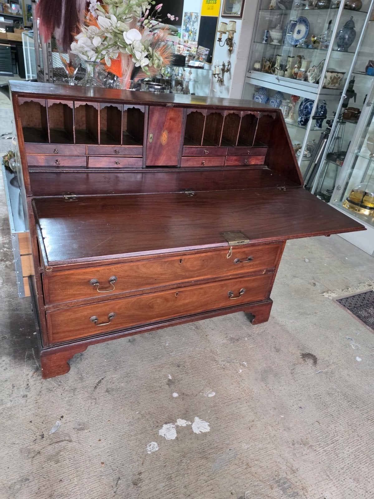 Antiek Mahonie Secretaire met Lade en Inlegwerk, Ophalen of Verzenden