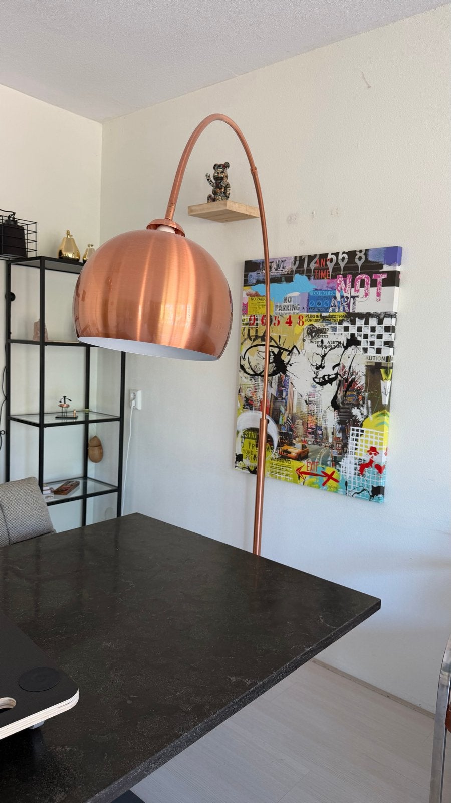 Koperen boog vloerlamp / arc lamp – stijlvolle eye-catcher, Ophalen, Overige materialen, Gebruikt, E14 (klein)