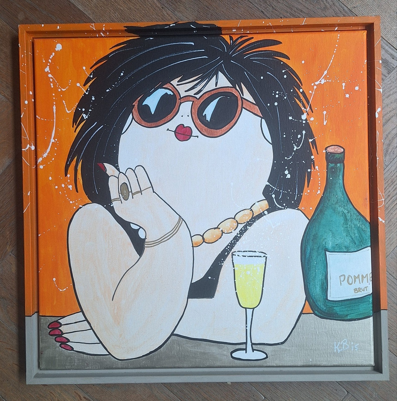 Schilderij Dikke Dame met champagne en baklijst 53x53cm, Overige materialen, Overige typen, Met afbeelding, Ophalen of Verzenden