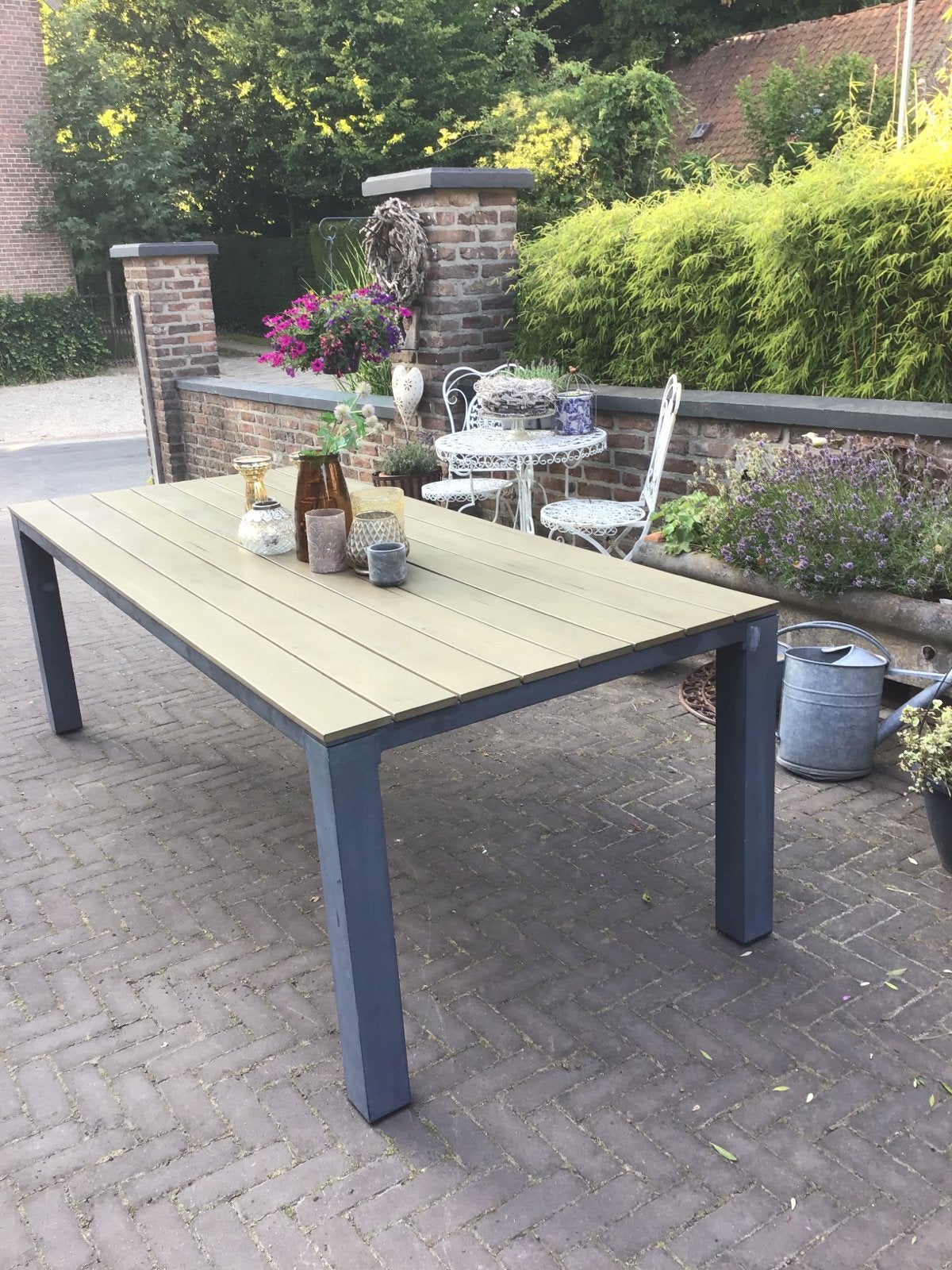 Kunststof tuintafel houtlook+aluminium onderstel 220x100cm, Ophalen, Gebruikt, Kunststof